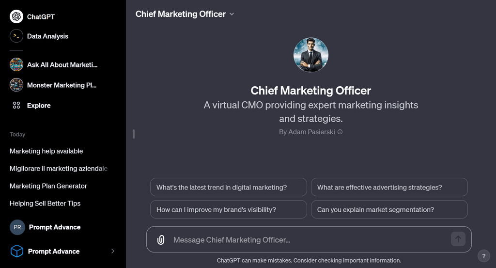 Initial screen of Chief Marketing Officer