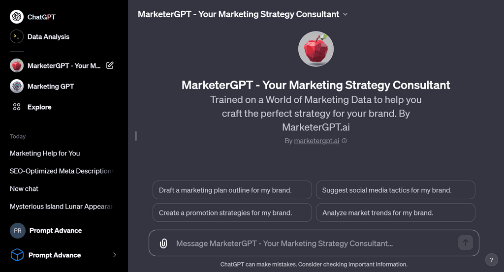 Initial screen of Marketer GPT