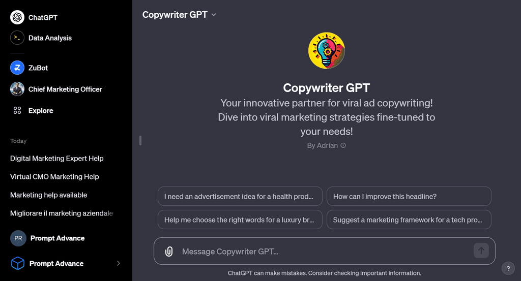Initial screen of Copywriter GPT
