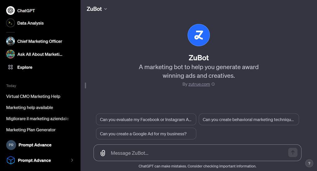 Initial screen of ZuBot
