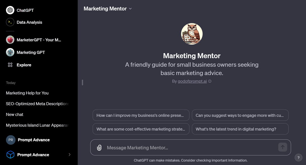 Initial screen of Marketing Mentor