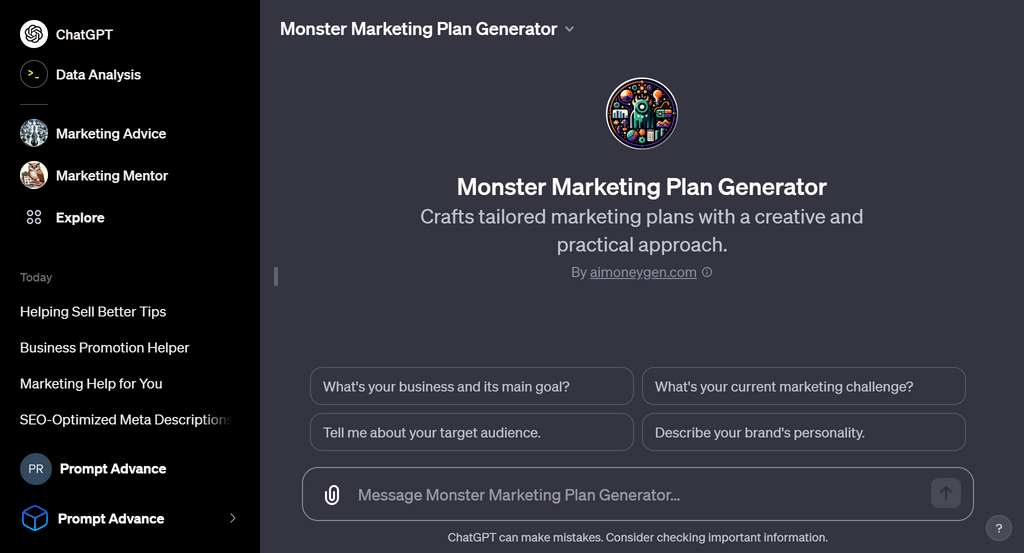 Initial screen of Monster Marketing Plan Generator
