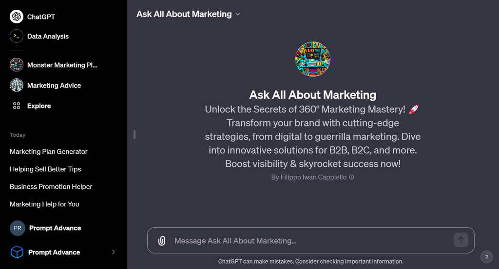 Initial screen of Ask All About Marketing