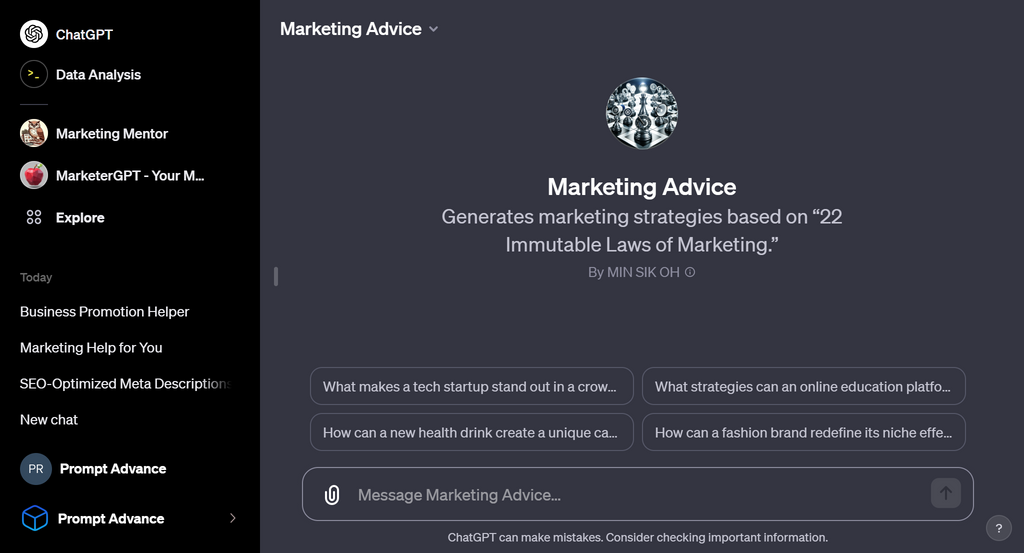 Initial screen of Marketing Advice